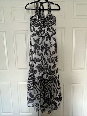 White House Black Market Black & White Halter Maxi Dress - Leaf & Zebra Print